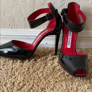 Manolo black ankle strap open toe sz 37, worn once
